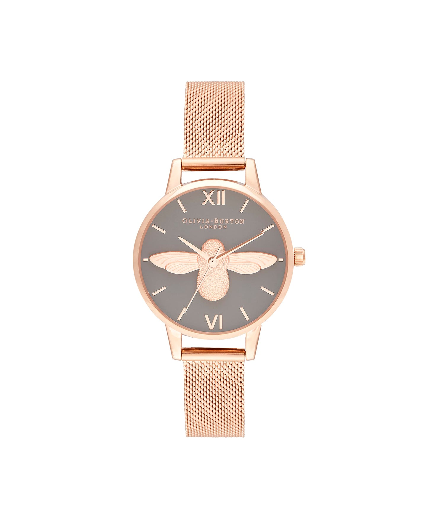 Olivia Burton 3D Bee Qtz Basic Grey & Bee Round Dial Women's Watch|Ionic Plated Rose Gold Steel Material|Gold Color Band - OB16EX116