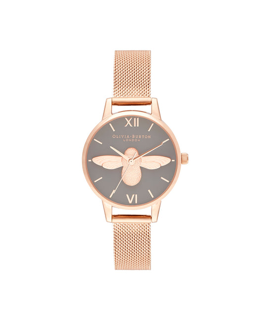 Olivia Burton 3D Bee Qtz Basic Grey & Bee Round Dial Women's Watch|Ionic Plated Rose Gold Steel Material|Gold Color Band - OB16EX116
