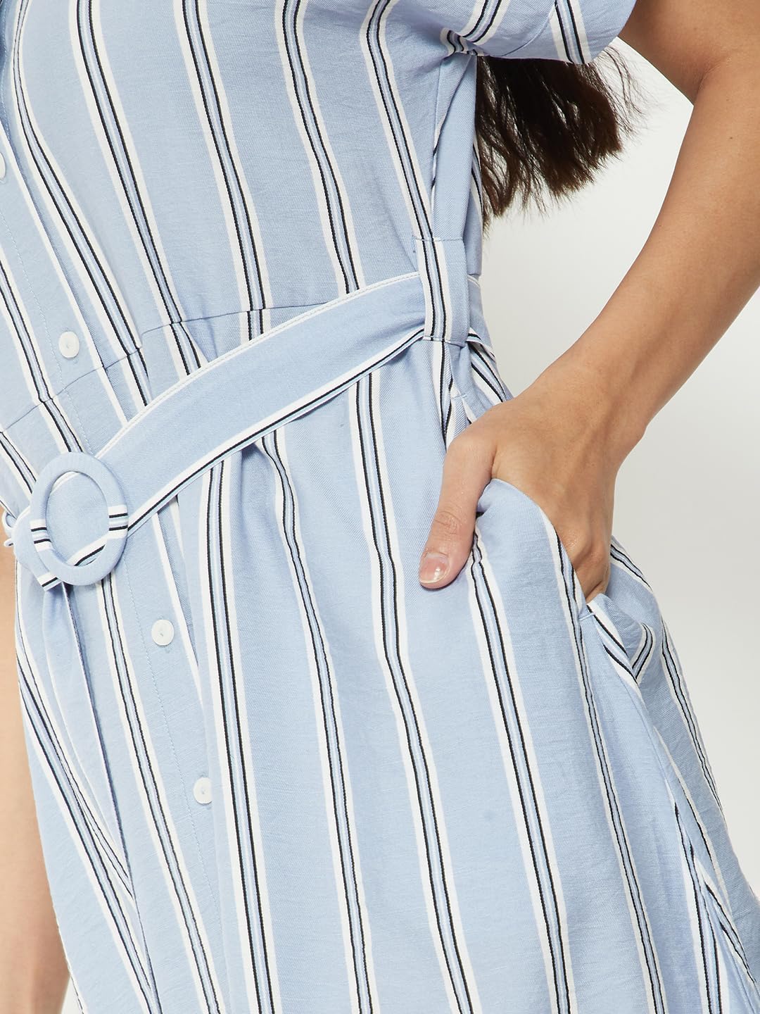 Max Women Striped Shirt Dress (Blue_XL)