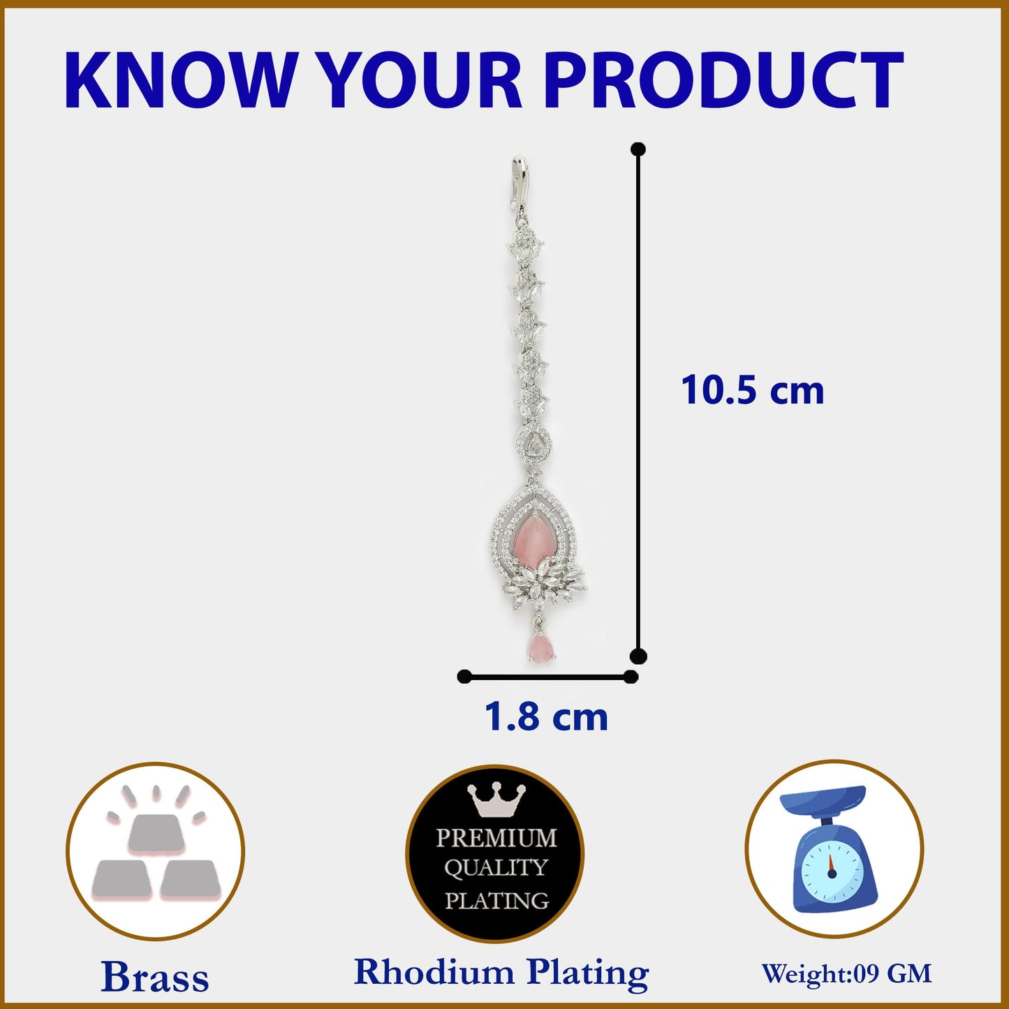 Zeneme Rhodium Plated Designer American Diamonad Tear Drop Crytal Studded Silver Toned Maang Tikka for Women and Gifts for Girls (Pink Constellating Spark Maang Tikka)