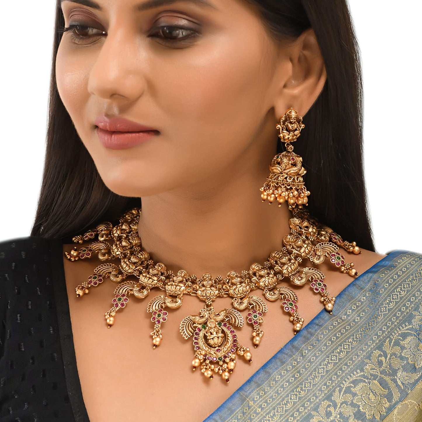 VOYLLA Faux Pearls and Kundan Adorned Brass Temple Jewellery Set