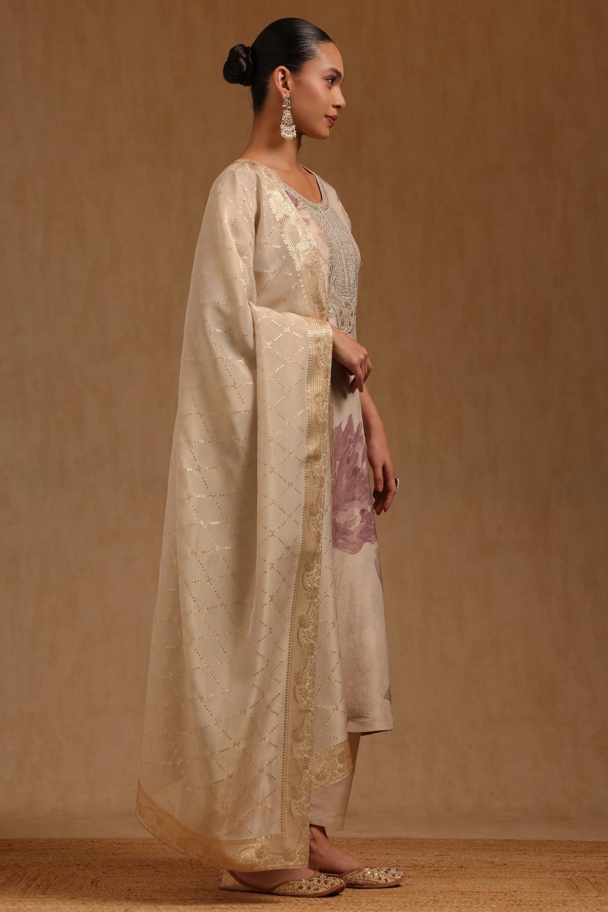 Soch Womens Beige Tissue Floral Zari Embroidered Salwar Suit With Sequins