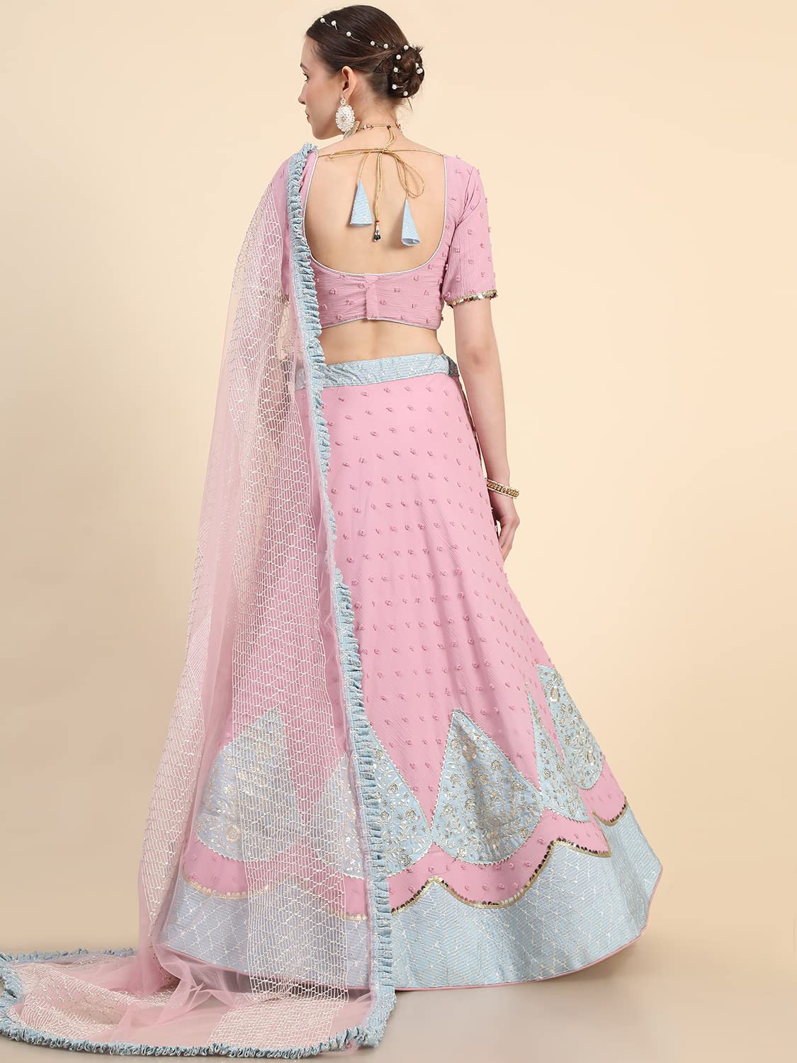 leeza store Women's Pink Georgette Silver Sequins & Zari Patch Work Flared Lehenga Choli With Dupatta