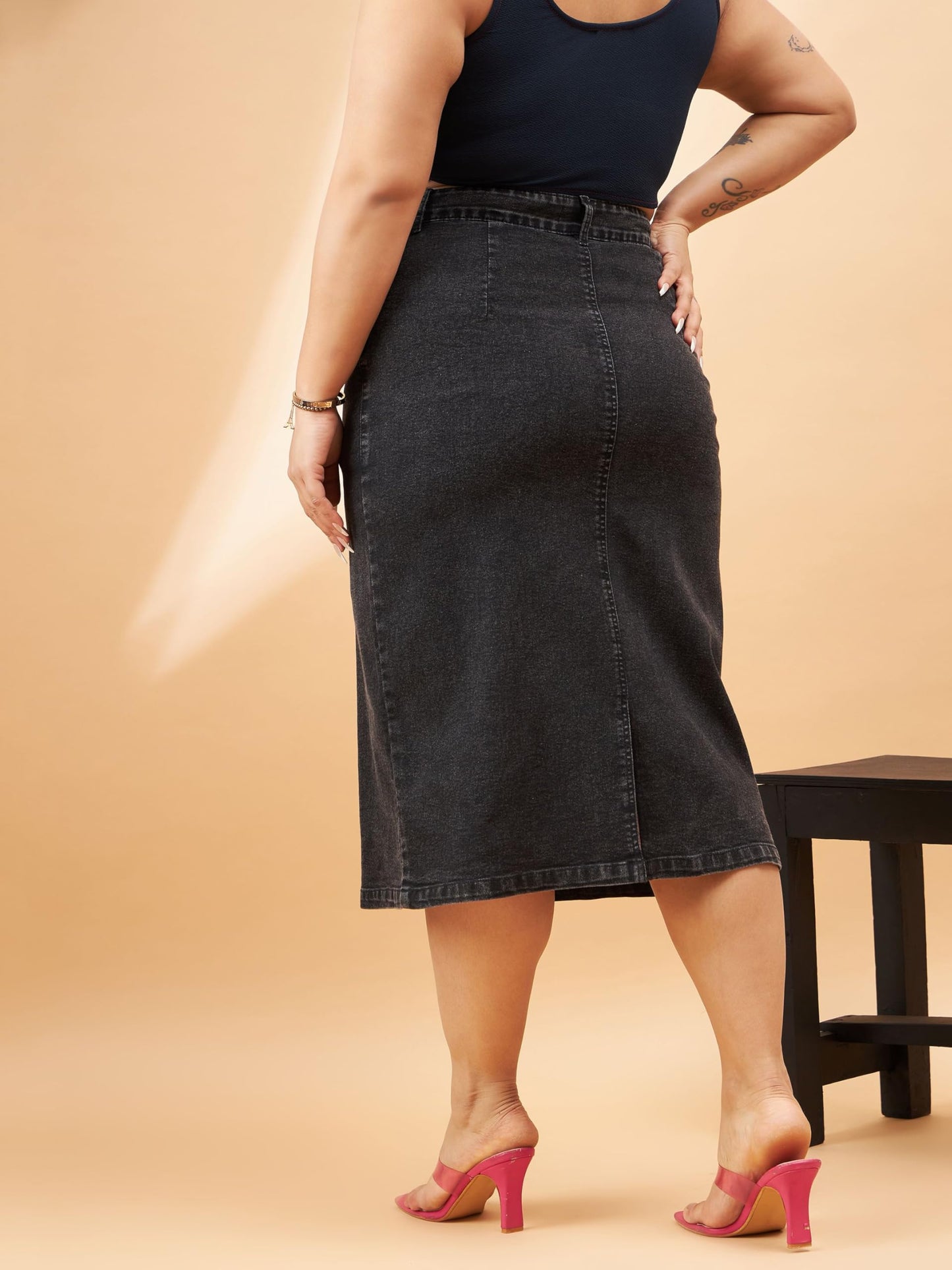 SASSAFRAS Curve Black Denim Acid Wash A-Line Skirt