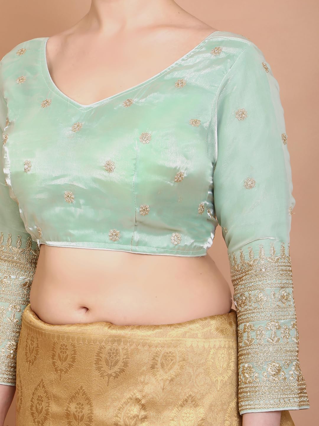 S SALWAR STUDIO Pista Green Organza V Neck Embroidered Readymade Alterable Blouse