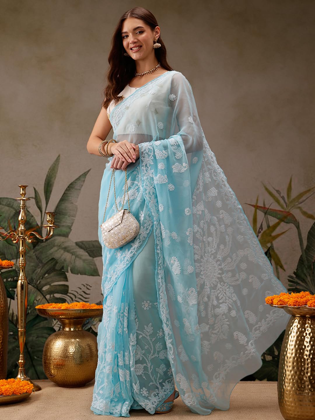 Ada Women's Hand Embroidered Faux Georgette Saree with Blouse Piece A130075 Blue