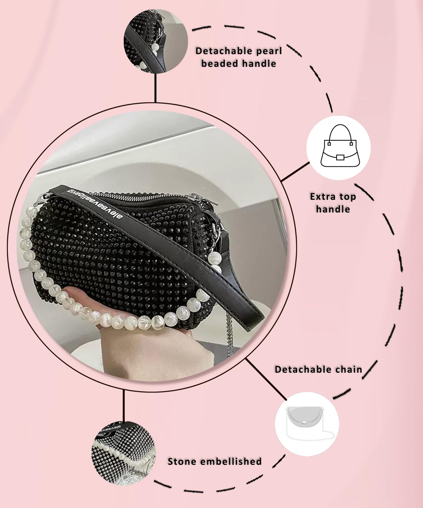 DOSYSO Rhinestone Crossbody sling Bag with Chain strap side Bag Evening Clutch Pearl Handle Designer Handbags for Women Stylish Latest Girls Glitter Ladies Purse for Party Wedding (BLACK)