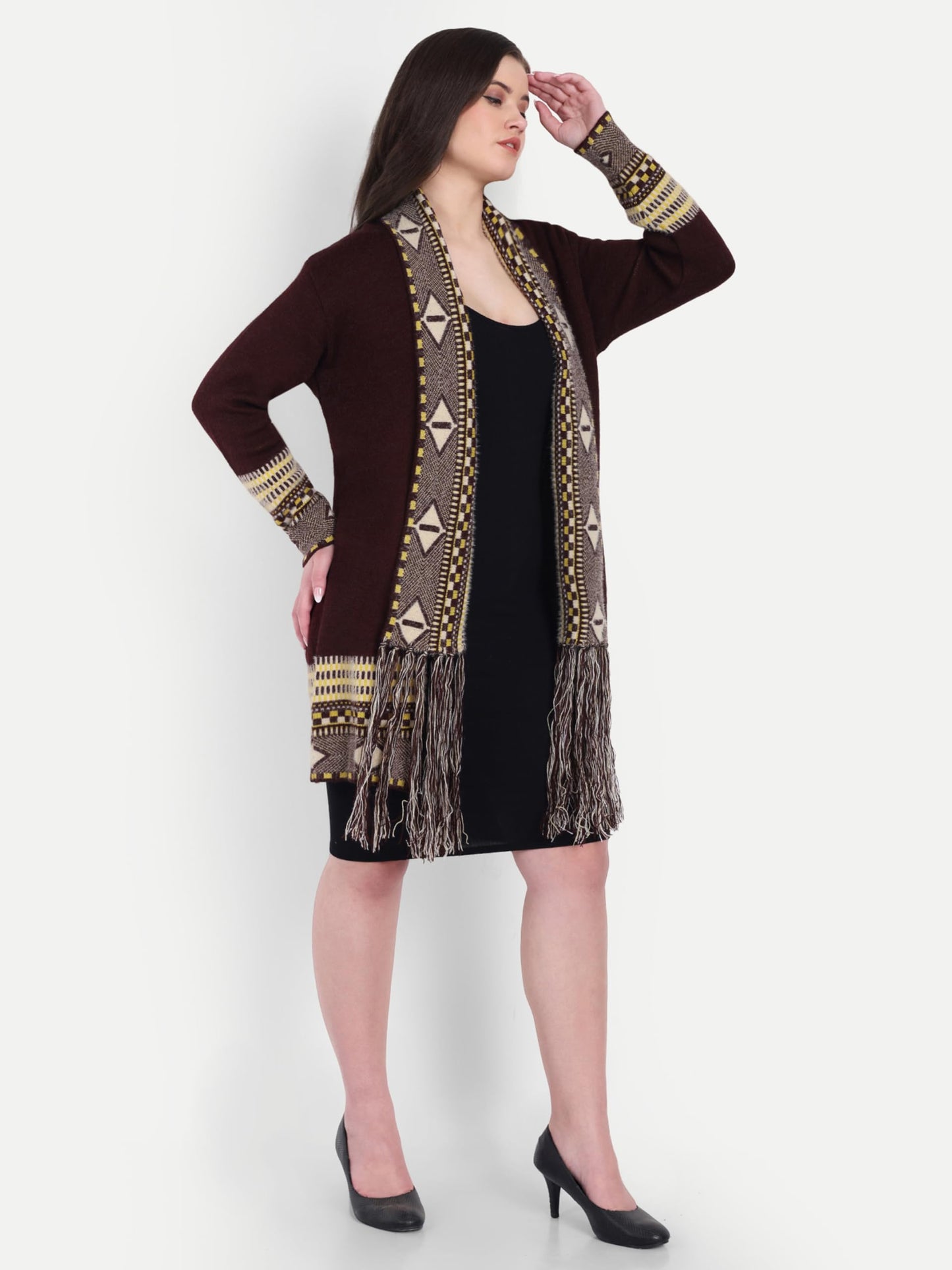 HAUTEMODA Women Winter Wear Long Front Open Sweater Shrug (in, Alpha, L, Regular, Dark Brown)