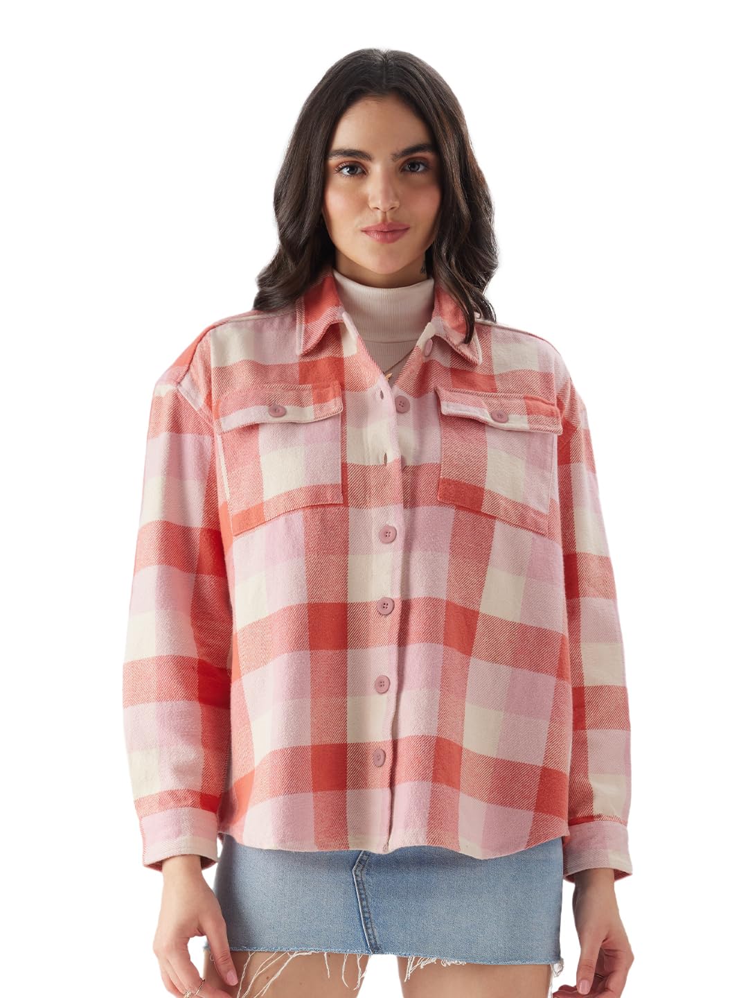 The Souled Store TSS Originals: Fairy Rose Women Shackets Shackets Casual Plaid Oversized Quilted Winter Flannel Sherpa-Lined Stylish Fashion Trendy Classic Checkered Cozy Button-Up Utility