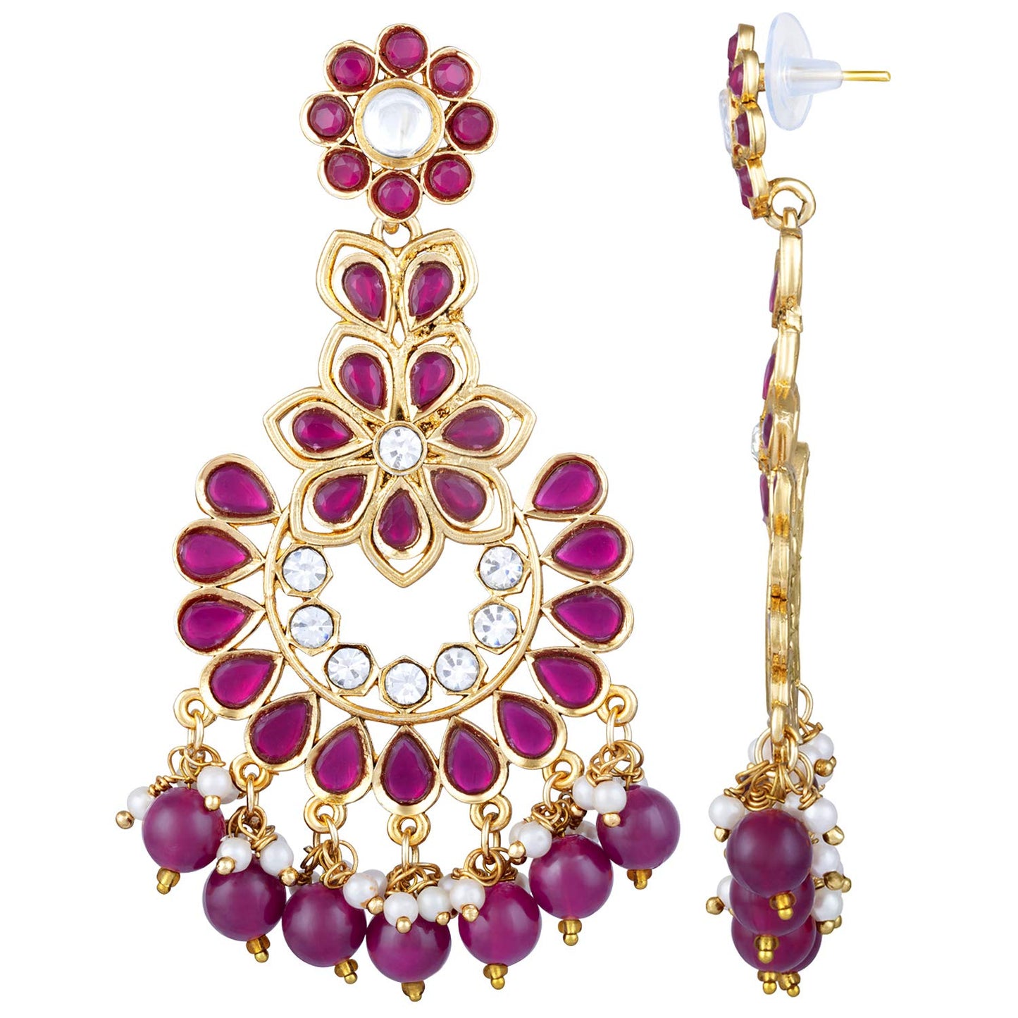 Peora Gold Plated Rani Pink Studded Chandbali Dangle Earrings for Women