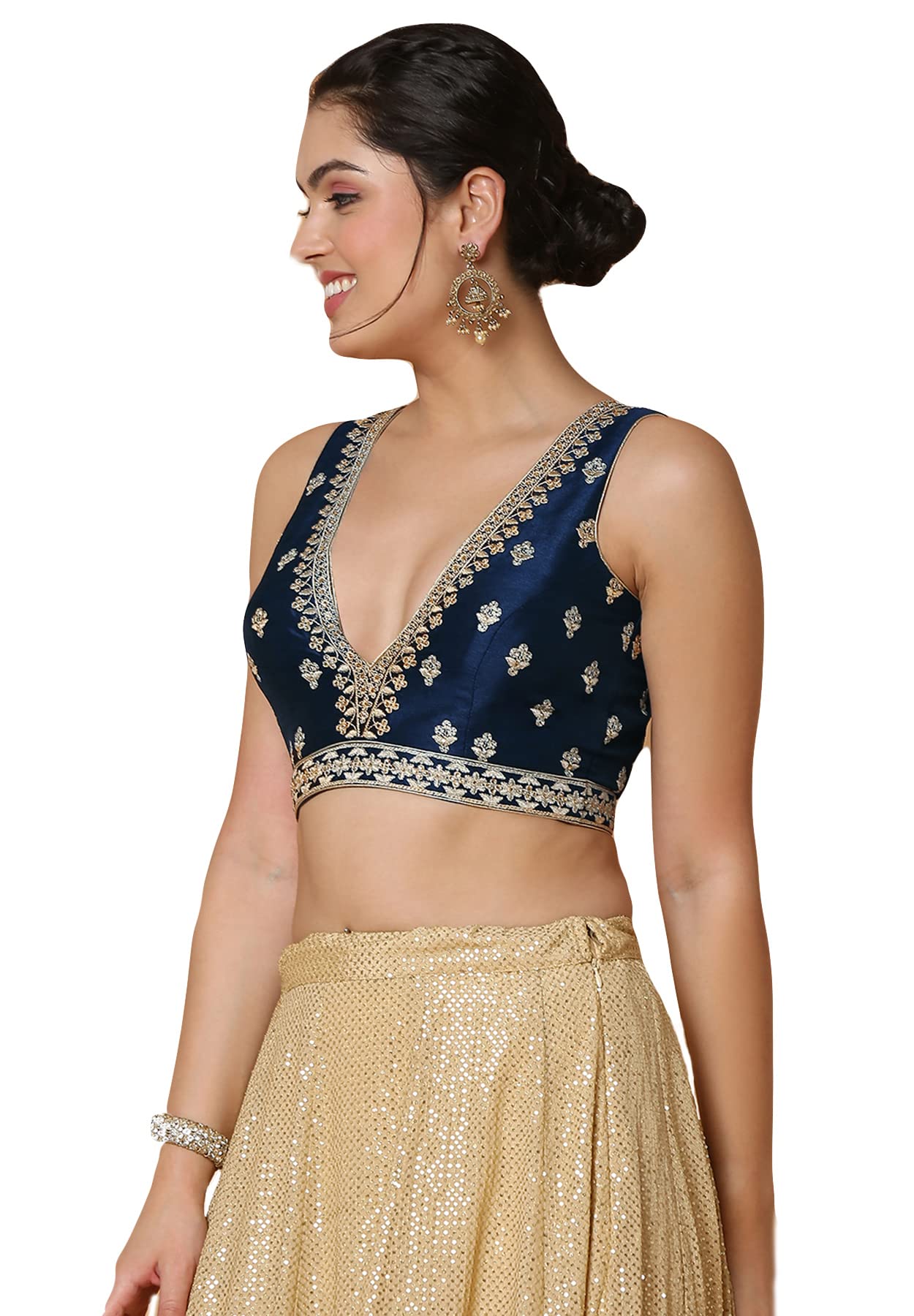 S SALWAR STUDIO Women's Navy Blue Mulbury Silk Readymade Saree Blouse-SSB4530-NVBL