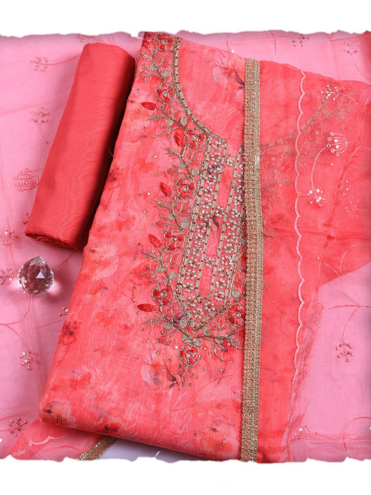 Meena Bazaar Printed Cotton Unstitched Kurta with Bottom & Dupatta