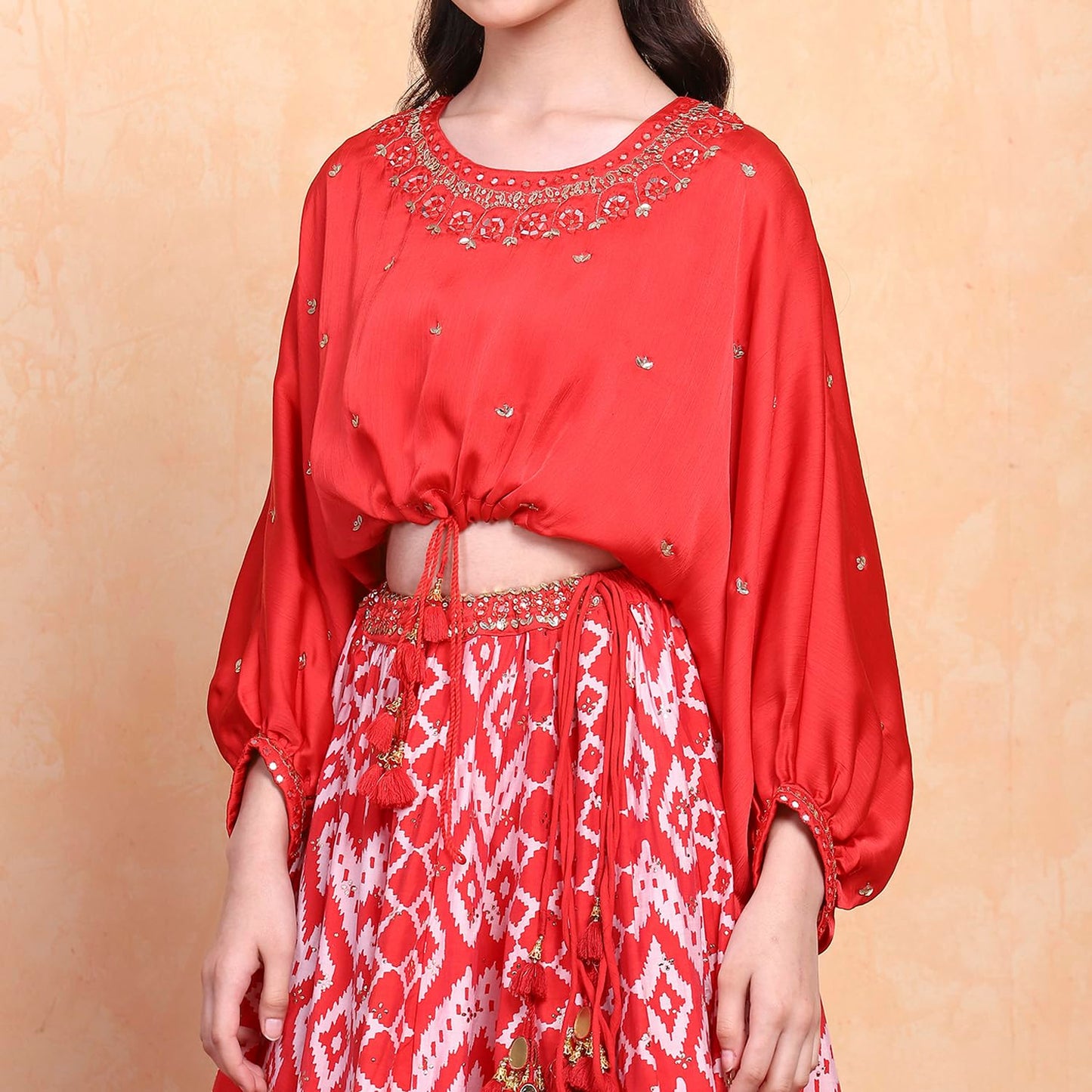 Biba Girl's Polyester Lehenga Set (KWSNKIS6316SS25RED_Red_16-17 Year)