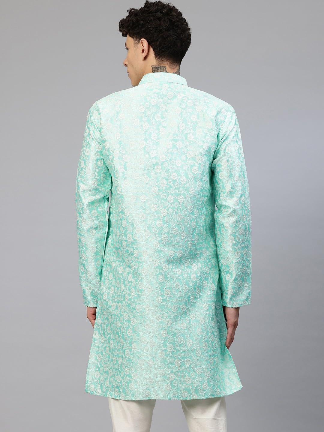 Luxrio Men's Silk Blend Jacquard Self Embroidered Textured Long Kurta Full Sleeves Green Size M