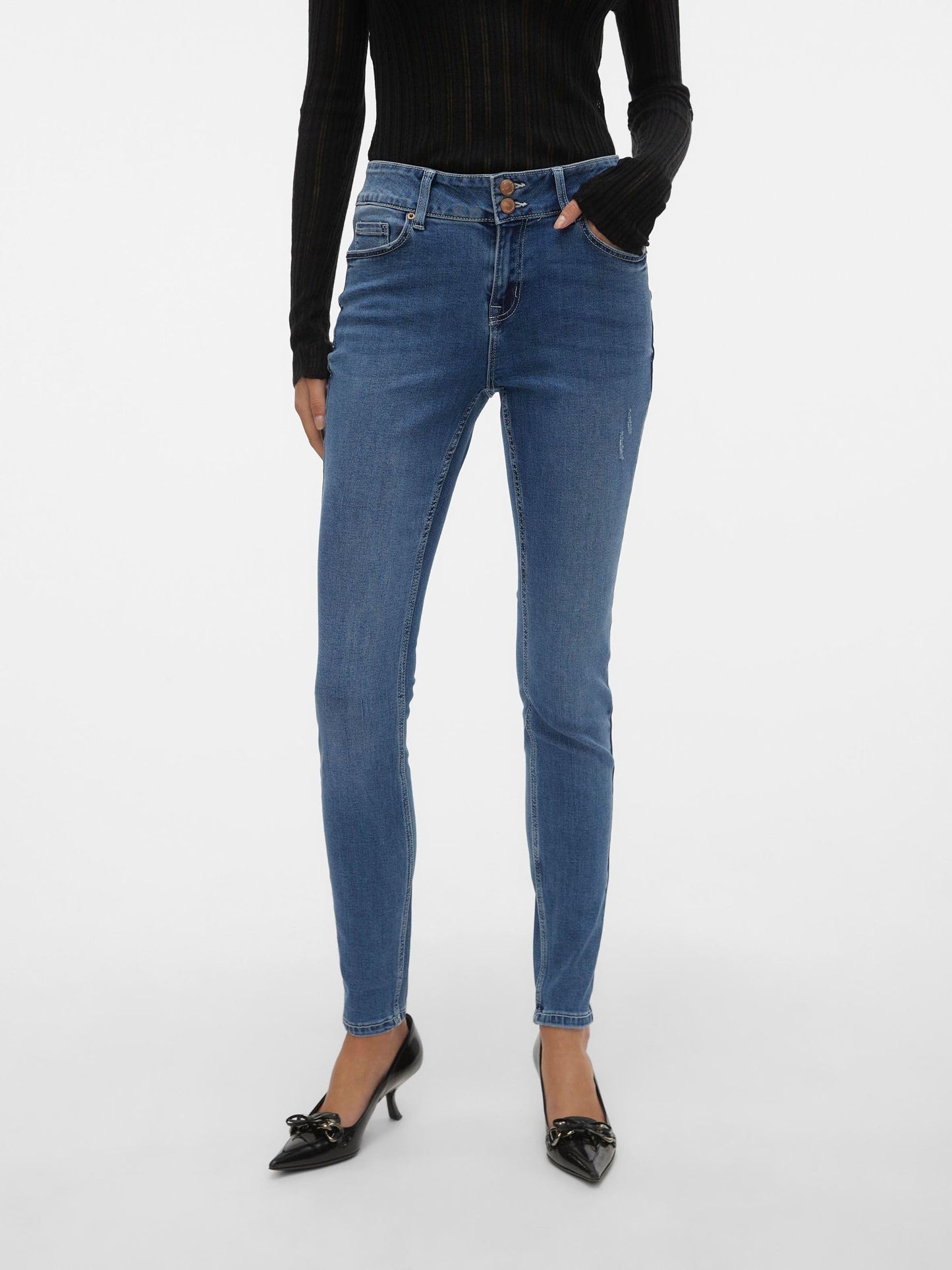 VERO MODA Women Solid Cotton Blend Skinny Fit High Rise Blue Jeans