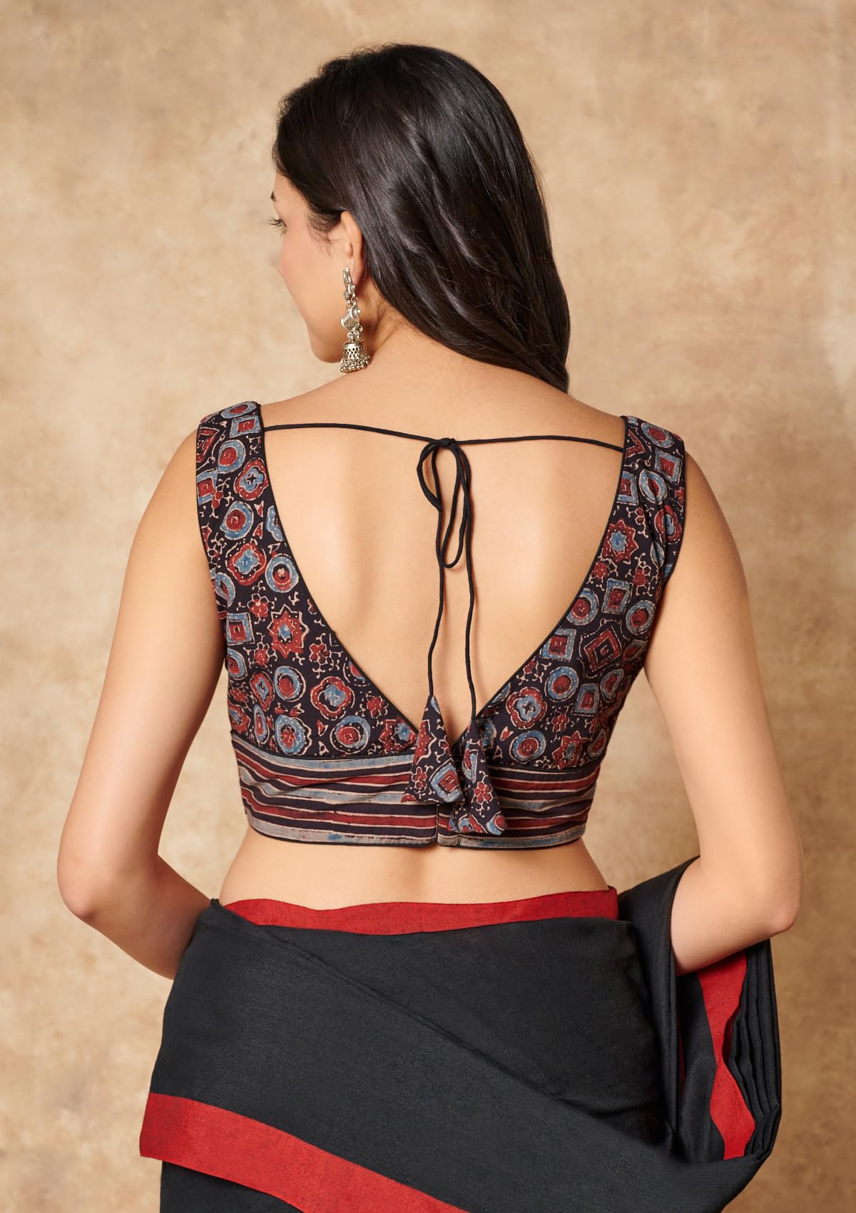 S SALWAR STUDIO Black Ajrakh Hand Block Printed Pure Cotton V Neck Readymade Blouse