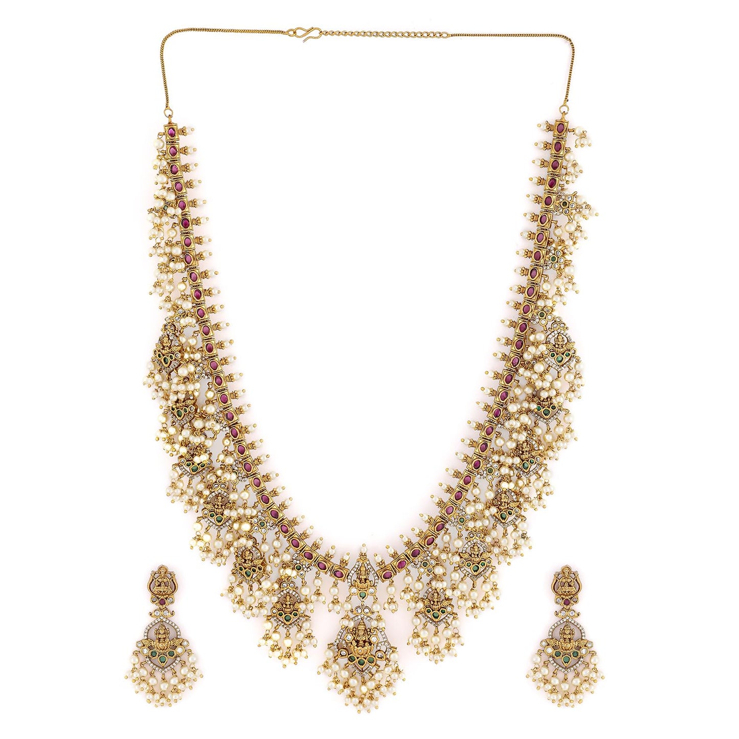 Rubans 22K Gold-Plated Temple Jewellery Set with Pink & Green Stones and Pearl Detailing