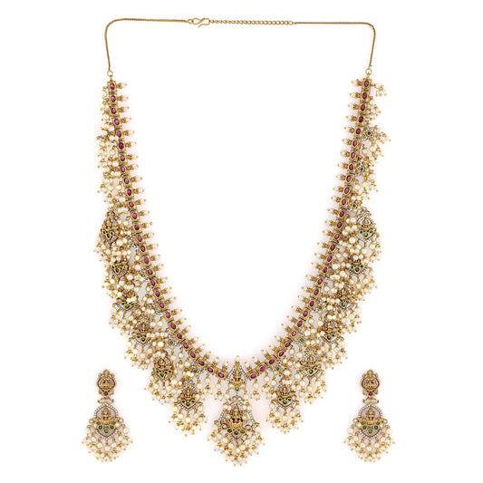 Rubans 22K Gold-Plated Temple Jewellery Set with Pink & Green Stones and Pearl Detailing