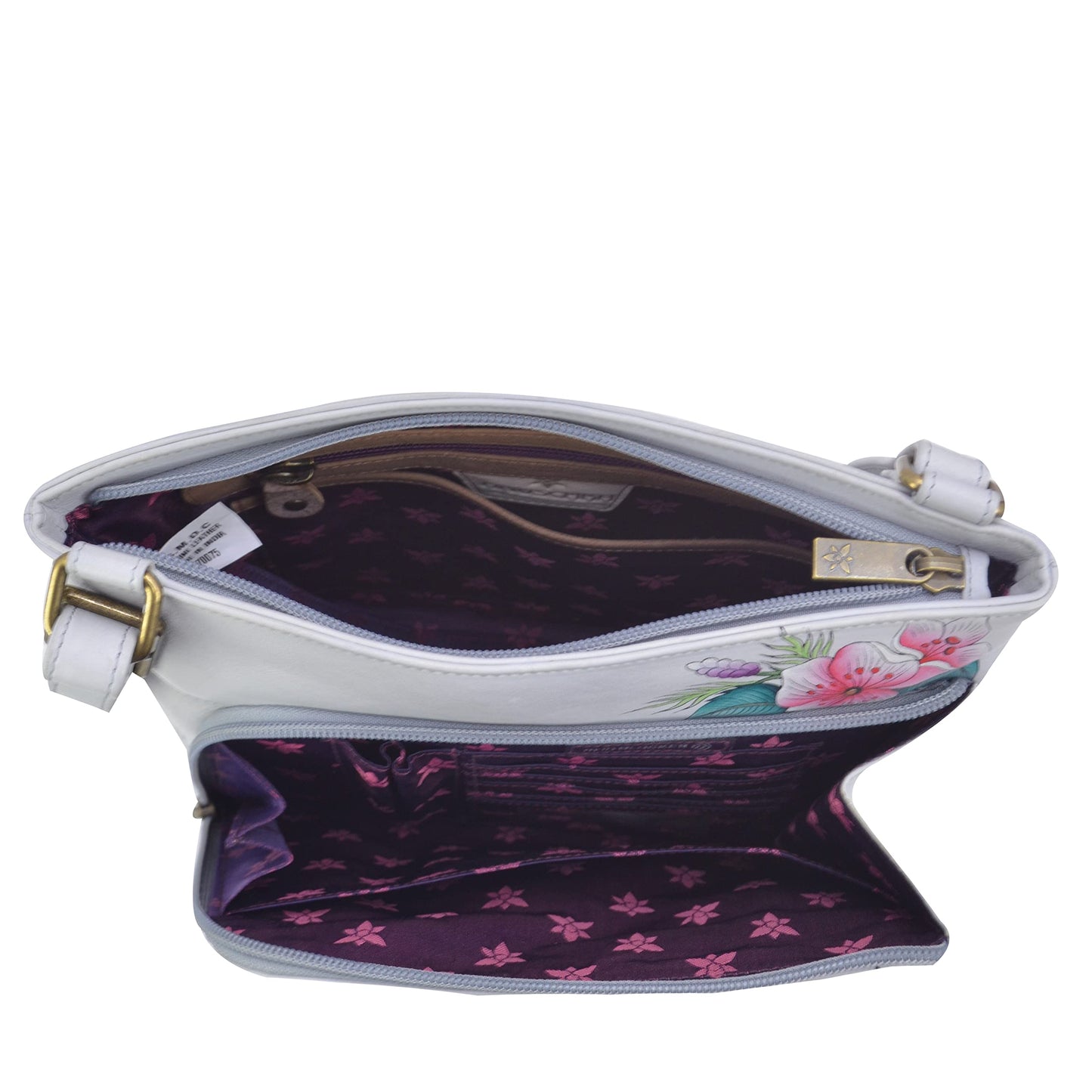 Anuschka Hand Painted Women’s Genuine Leather Crossbody with Front Zip Organiser & RFID Card Protection- Floral Charm