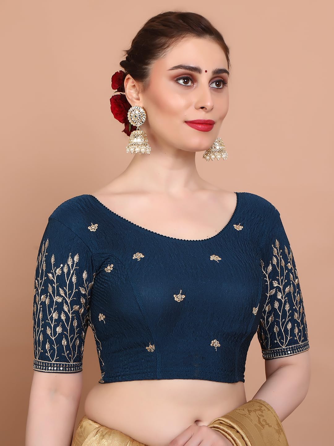 SALWAR STUDIO Blue Strechable Non Padded Embroidered Readymade Blouse