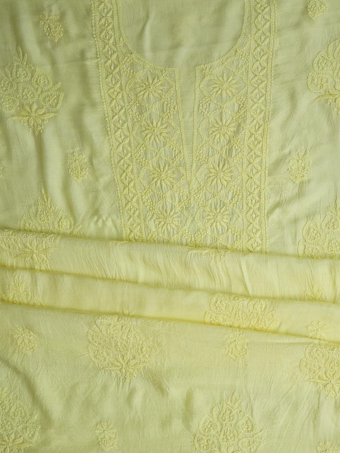 Ada Hand Embroidered Lucknowi Chikankari Unstitched Muslin Dress Material Suit Piece with Dupatta for Women 01A773428 Lemon