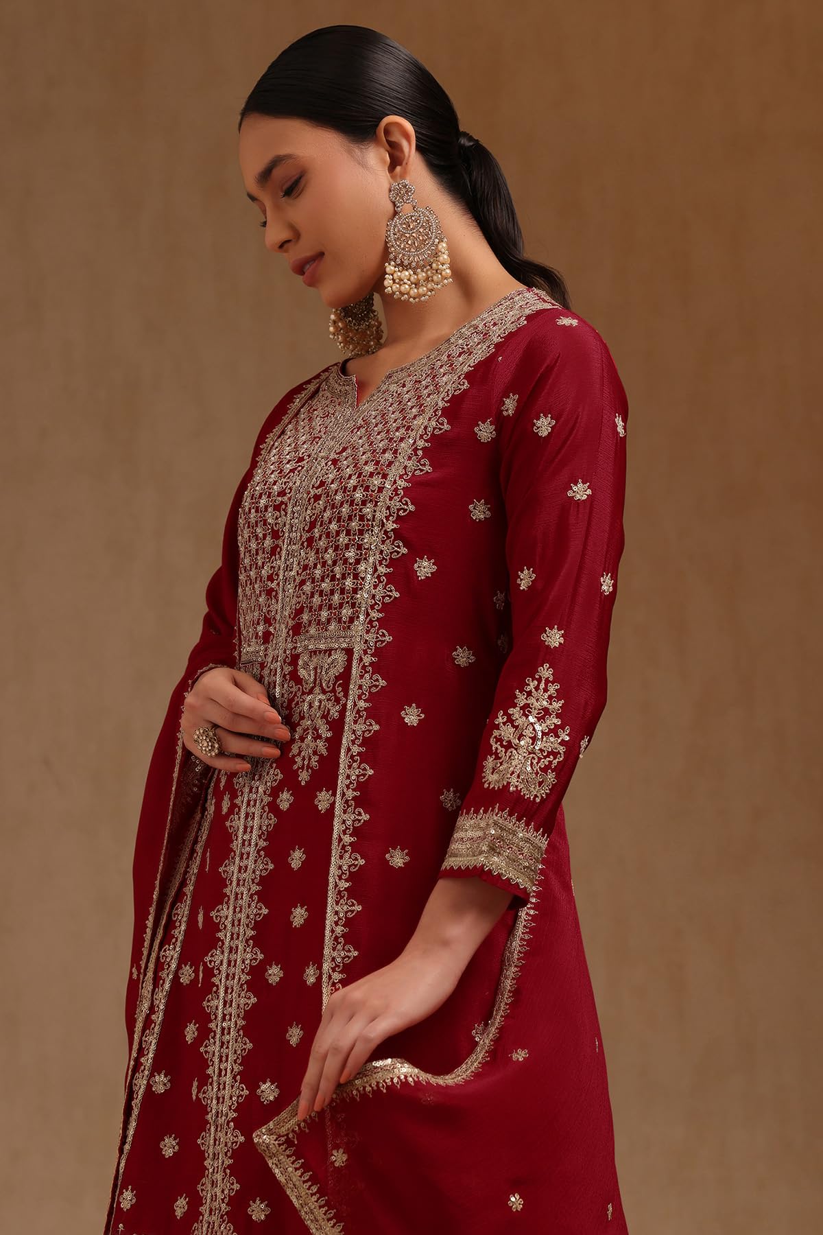 Soch Womens Brick Red Chinon Sequin Embellished Salwar Suit