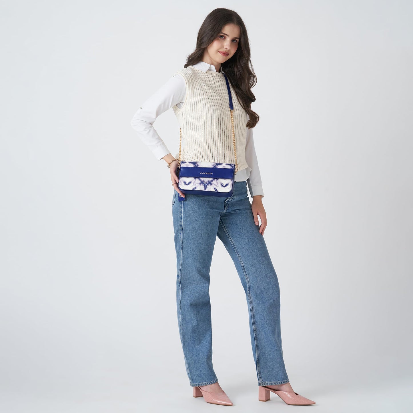 Caprese Shibori Medium Sling Bag for Women with Adjustable & Detachable Strap | Printed Faux Leather Shoulder Bag with Multi-Compartments | Zipper & Magnetic Button | Detachable Charm (Blue)