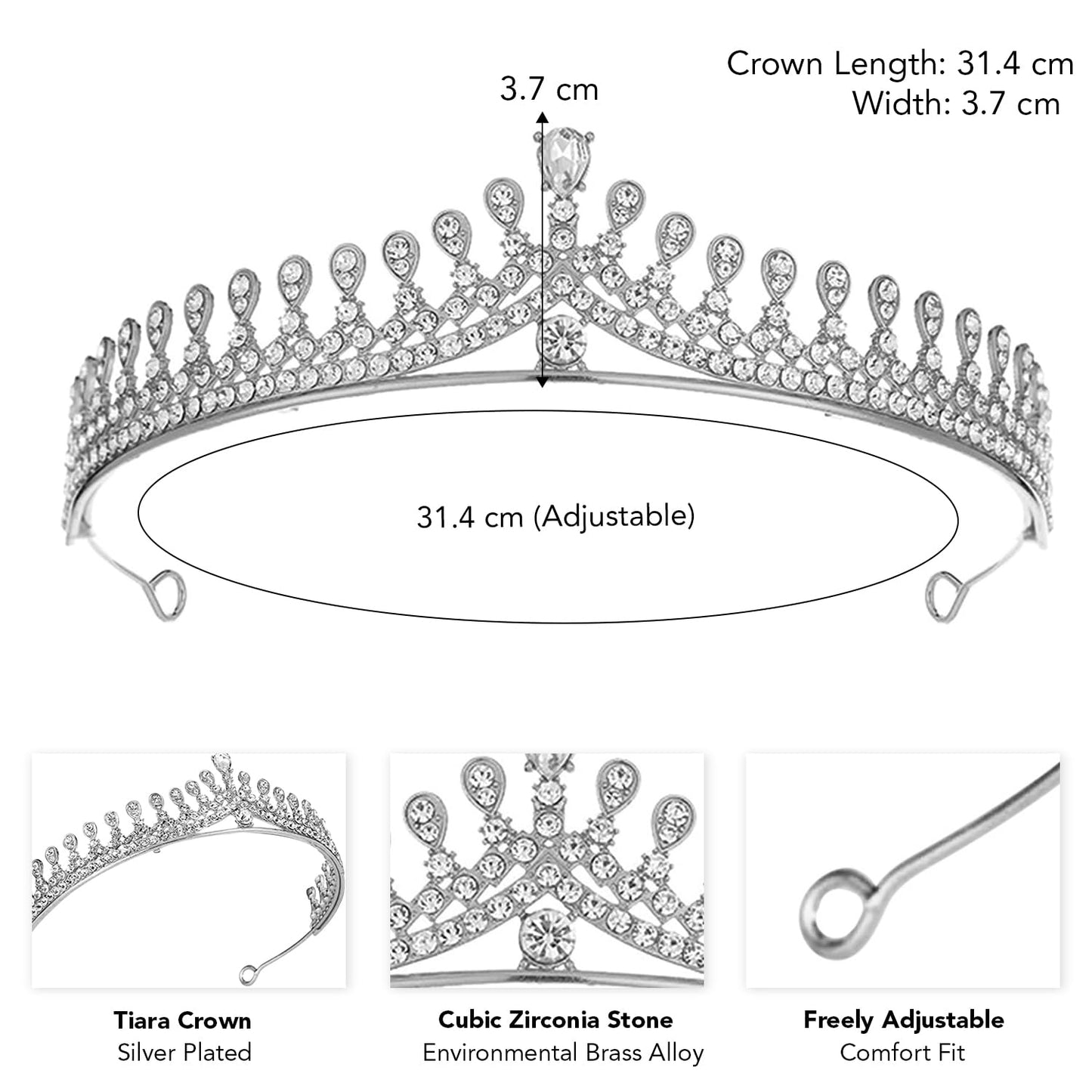 Peora Silver Plated Cubic Zirconia & Crystal Studded Princess Tiara Crown for Girls & Women Birthday Gift Hair Accessories