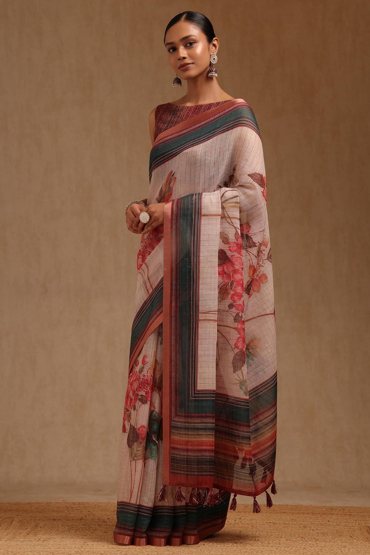 Soch Womens Beige Linen Botanical Print Saree