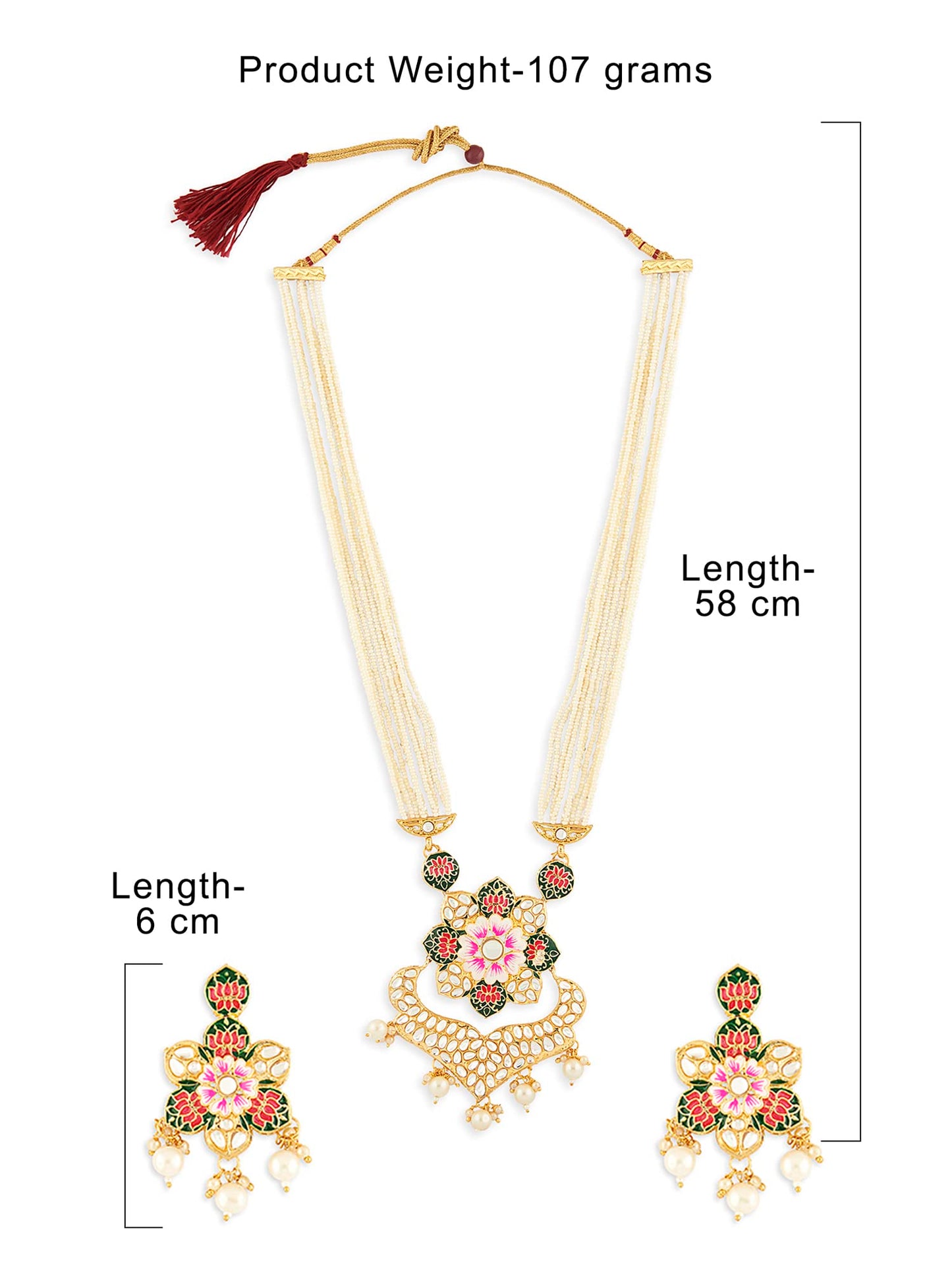 ZAVERI PEARLS Multicolor Meenakari Lotus Design Multistrand Pearls Long Necklace Earring & Ring Set For Women-ZPFK13429
