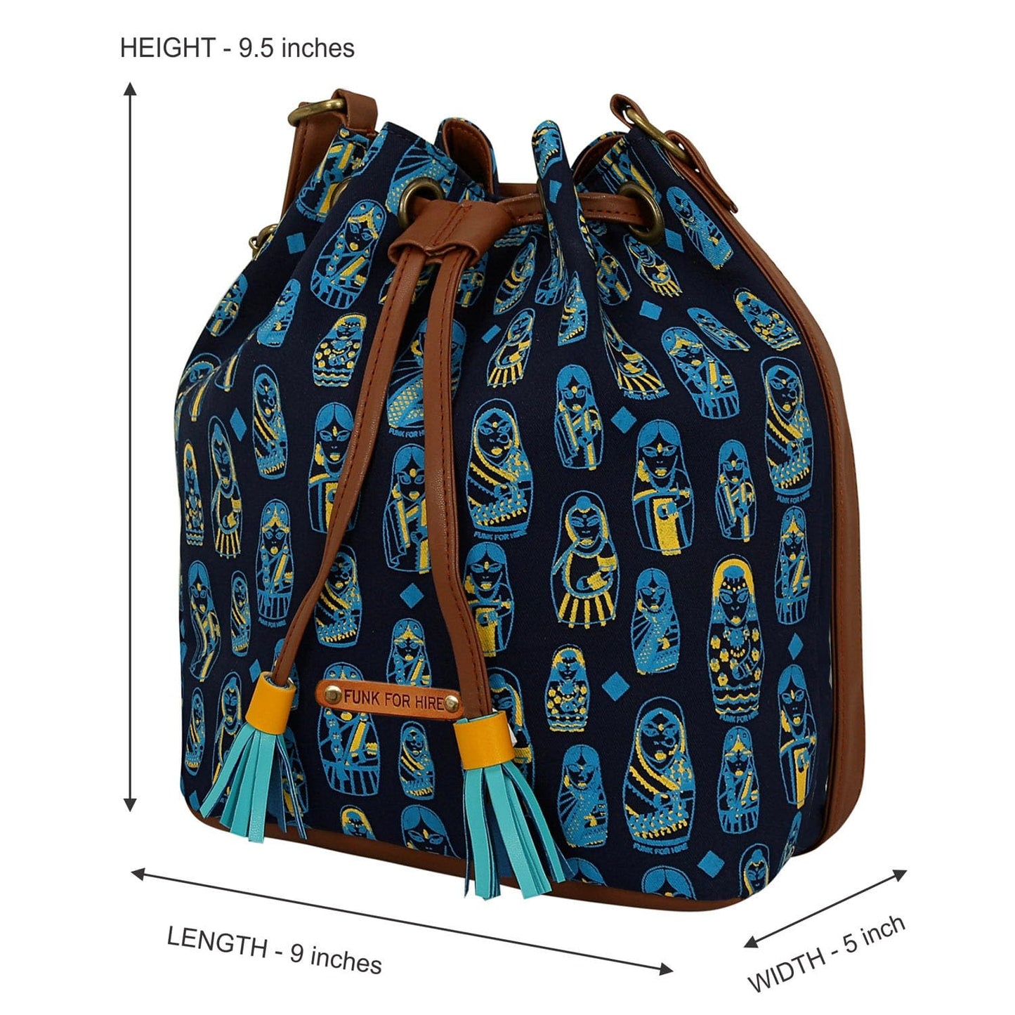 Funk For Hire Women’s Drawstring Sling Bag | Screen Printed Cotton Canvas with PU Details | Waterproof Nylon Lining | Adjustable Strap | Lightweight Handcrafted Shoulder Bag – Navy