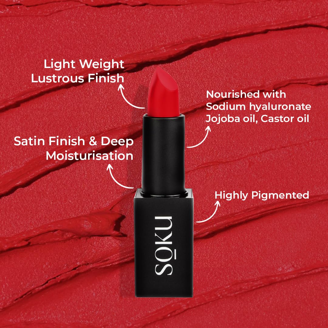 SOKU Censored Matte Long Lasting Lipstick for Women | Creamy Lipstick | Enriched with Jojoba Oil | Moisturising & Waterproof | Smooth Finish & Lightweight (Fiery Desire-13) - 4.2g