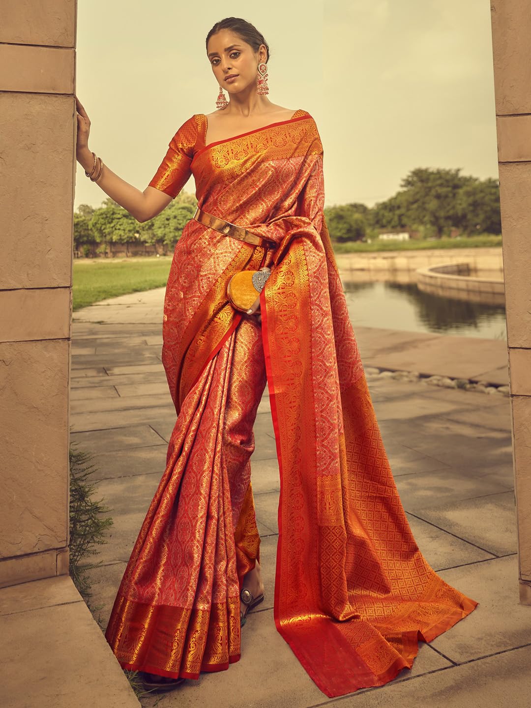 AKHILAM Women's Banarasi silk Ethnic Motif Printed Saree With Unstitched Blouse Piece(Peach_KINKHAB1205_RJ)