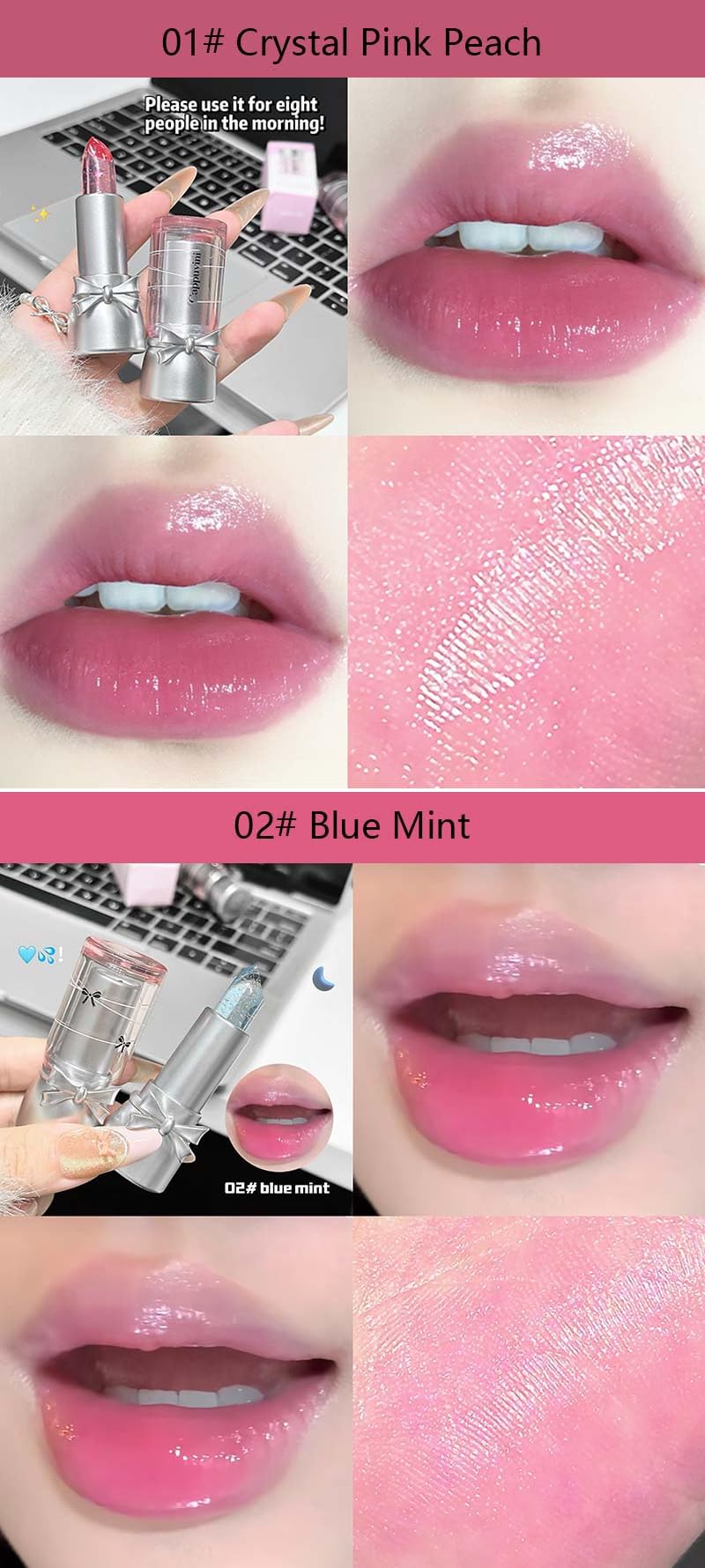 Cappuvini Sweet And Cool Bow Warm Lipstick | Crystal Transparent Lipstick with Glitter Shimmer | Color-Changing pH Adjusting Formula | Moist and Submissive Light Pink Lipsticks for Women | Glossy Finish Waterproof Long Lasting | Light Texture Lipsticks Cu