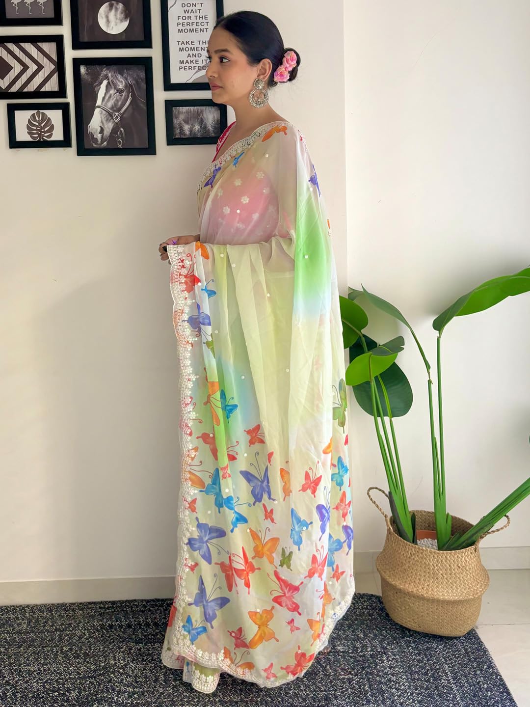 AKHILAM Women's Light Green Georgette Sequins Embellished Saree with Unstitched Blouse Piece (KESARI5506_KR)