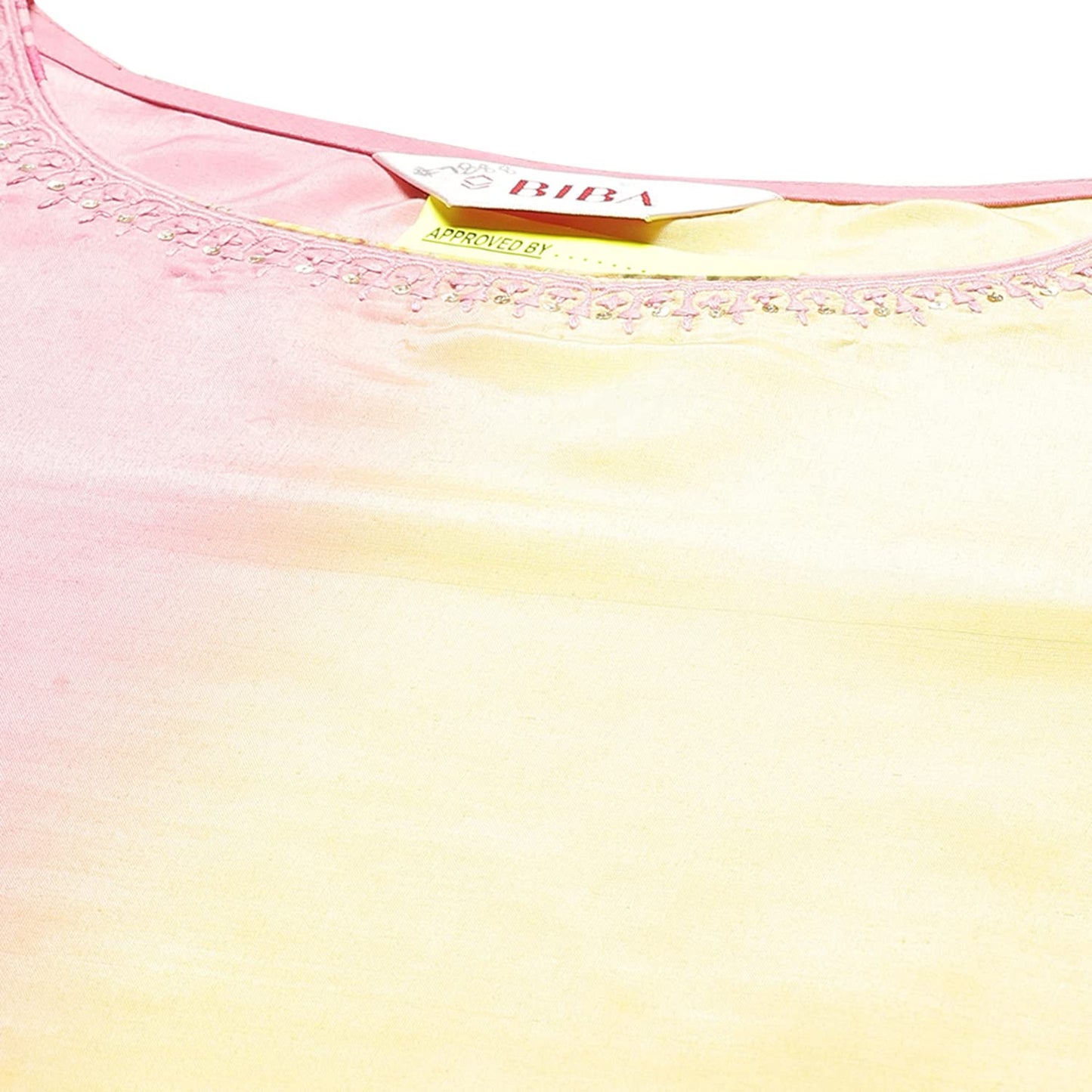 BIBA WOMEN PRINTED NARROW SALWAR KURTA DUPATTA(SKDCANDY KU7888_YELLOW-PINK_32)