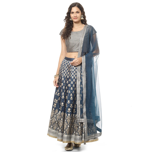 BIBA Women's Ethnic Teal Cotton Ethnic Wear Lehenga Set (Size_XL)