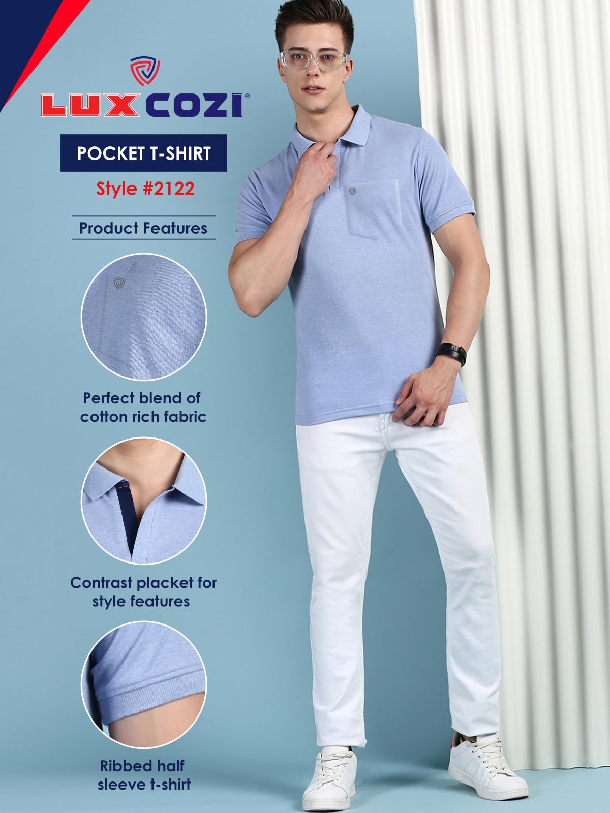 Lux Cozi Men's Half Sleeve Soild Casual T-Shirt with Chest Pocket_COZI_2122_OXBLU_2XL_1PC Oxford Blue