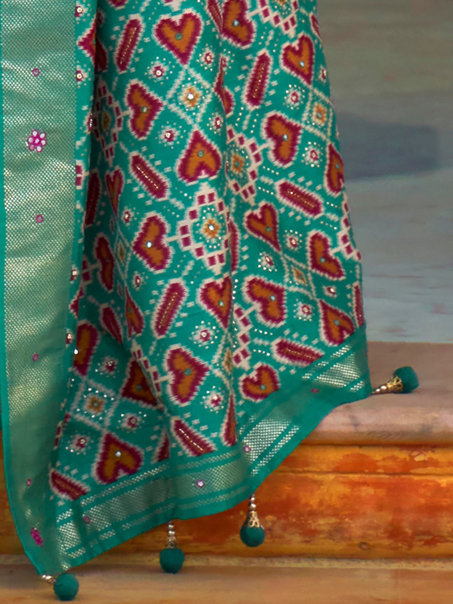 SAREE MALL Women's Ikat Printed Mirror Work Cotton Silk Saree With Unstiched Blouse Piece (Magenta_AARIP497_RW)