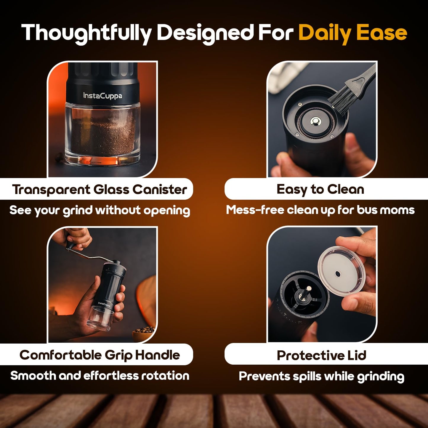 InstaCuppa Manual Coffee Bean Grinder with 40 Adjustable Grind Settings, Ceramic Burr Mill, Glass Jar, Fresh Grind for Espresso, French Press, Pour Over, Cold Brew – Portable & Easy to Clean