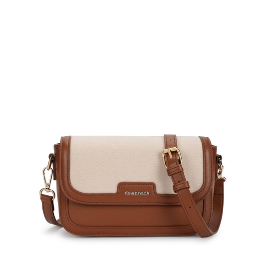 Fastrack Sherpa-Panel Sling Bag for Women | Faux Leather Crossbody with Zipper Closure, Gold Hardware and Detachable Strap | Compact Textured Bag for Casual and Evening Outfits