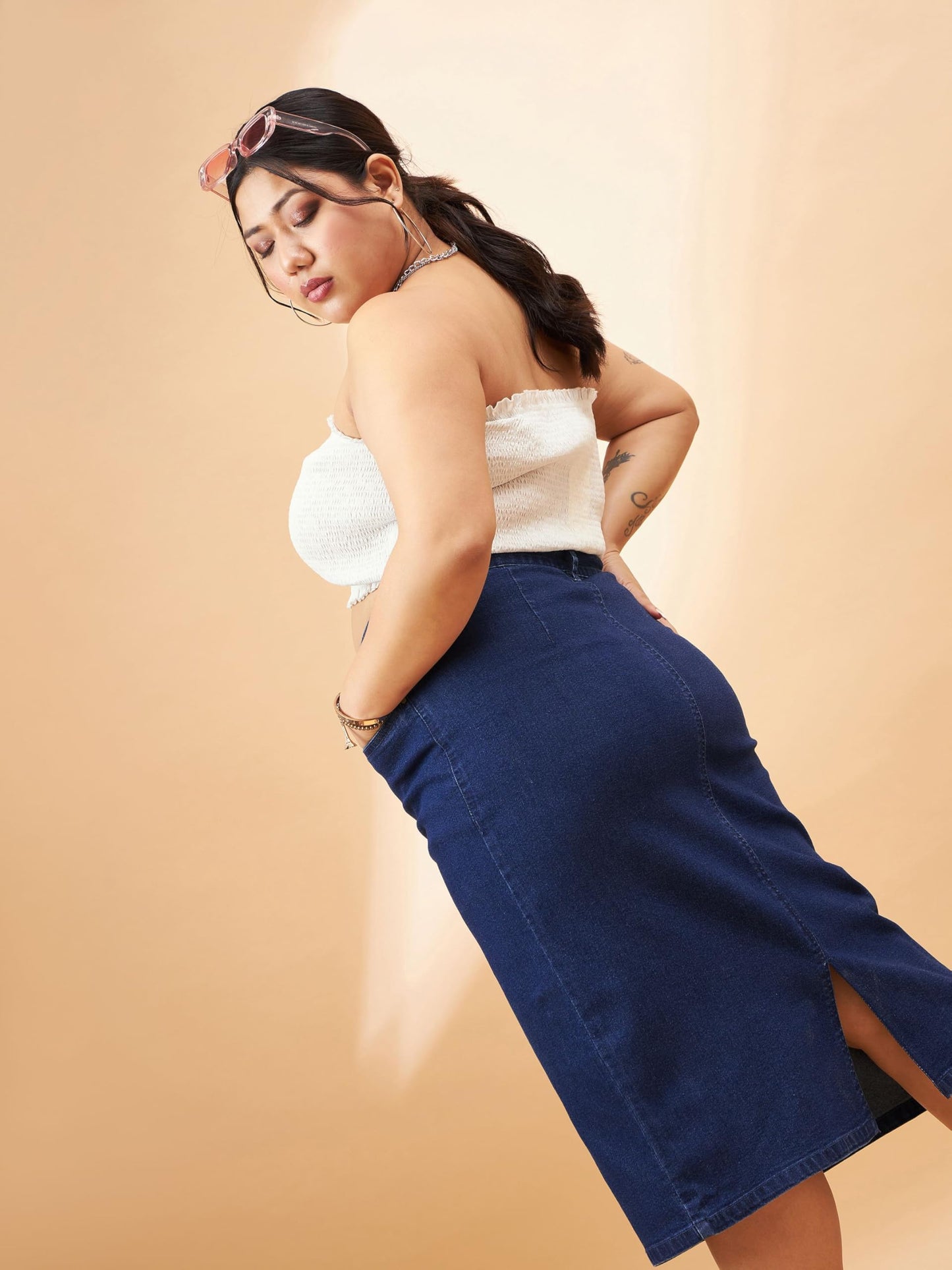 Navy Denim Acid Wash A-Line Skirt