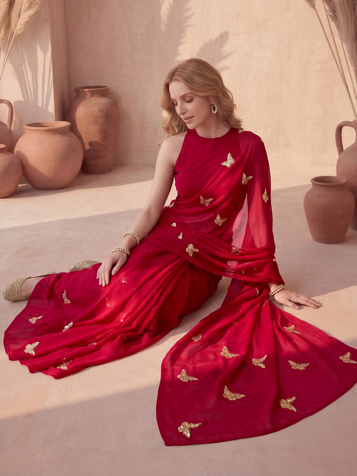 SIRIL Women's Georgette Sequins Embroidery Saree with Unstitched Blouse Piece (4407S196AAA_Red)
