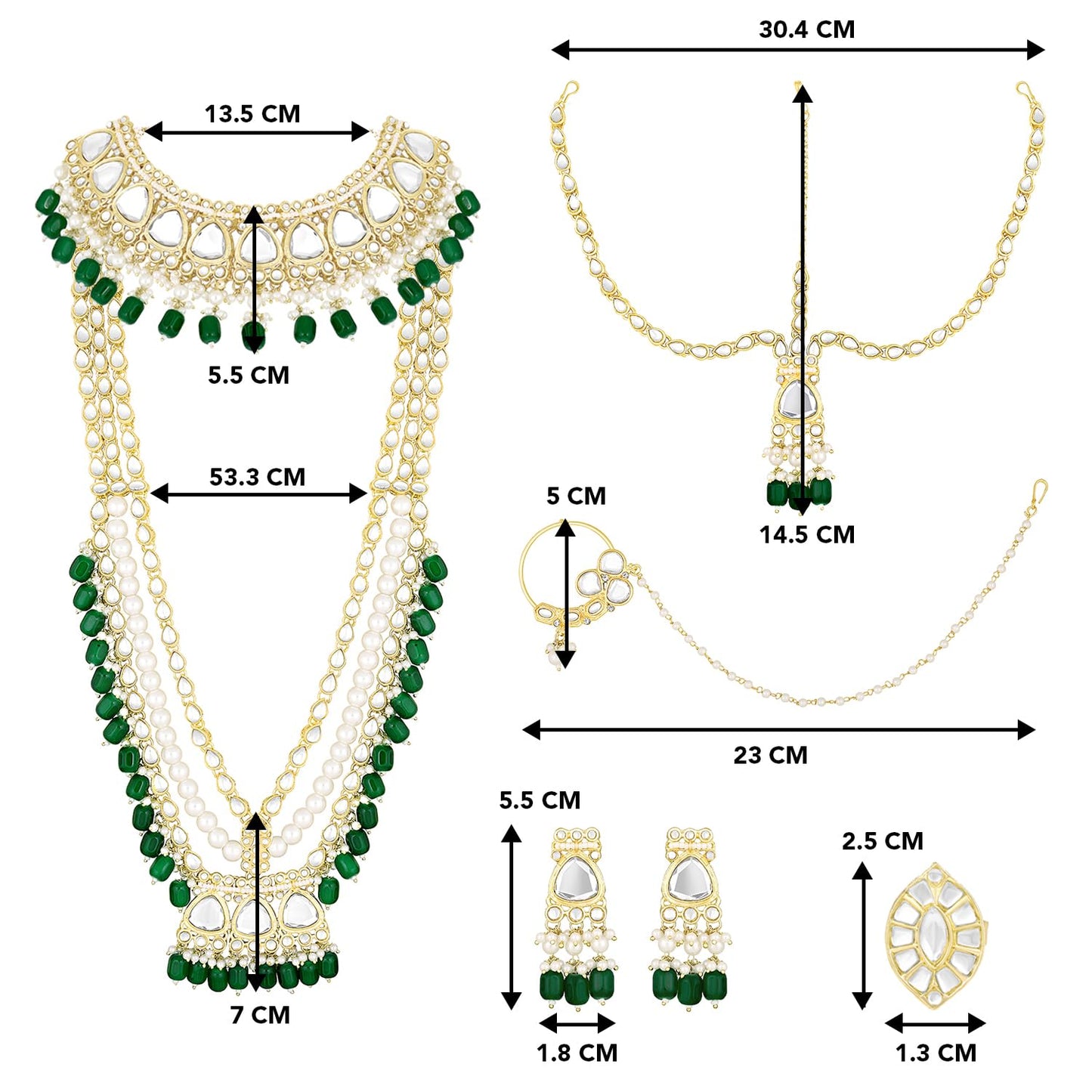 Peora Gold Plated Green Kundan Studded Choker Long Necklace Maangtikka Nathiya Earrings Finger Ring Bridal Jewellery Set for Women