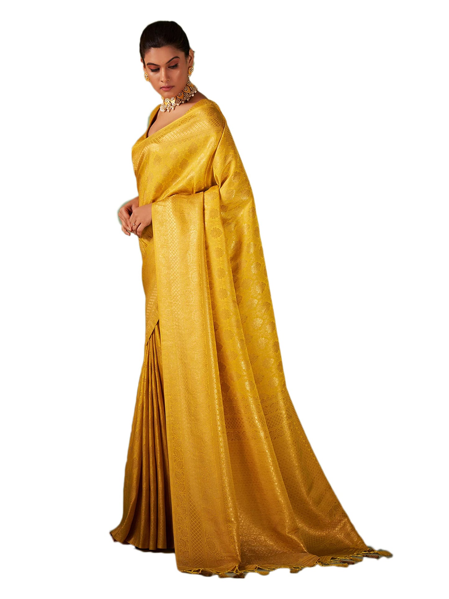 Vardha Women's Kanjivaram Art Silk Saree, Zari Woven, Gold, Unstitched Blouse - Yellow Sari Asya Vol.5, 565