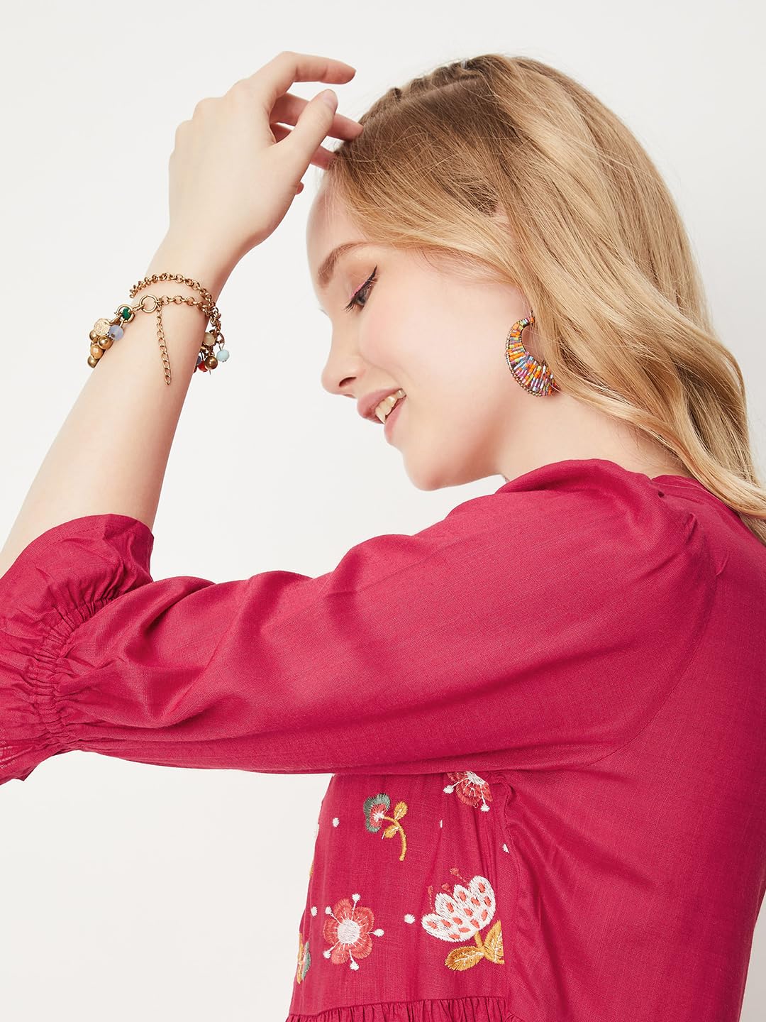 Max Women Embroidered Fit & Flare Midi Dress (EMBDRS33008RED)_M