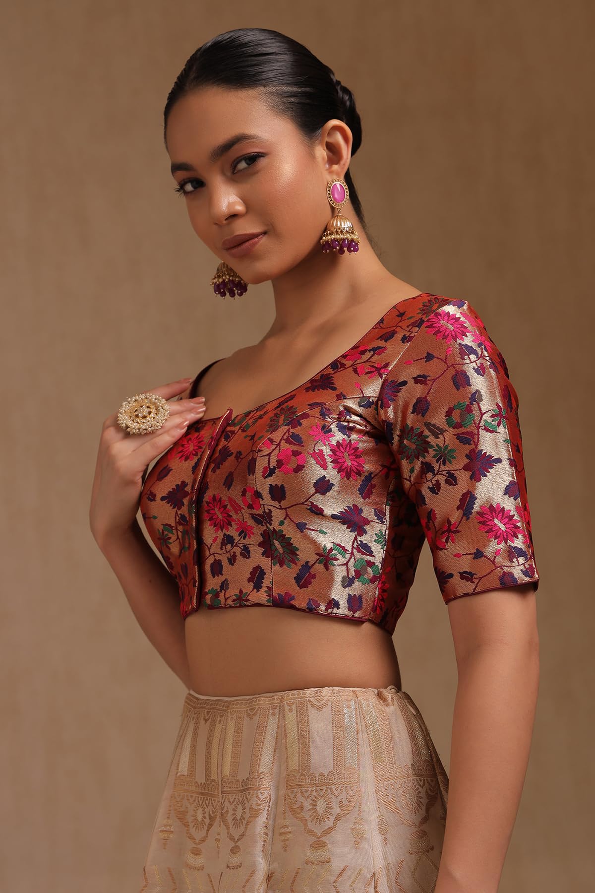 Soch Womens Wine Tussar Floral Print Padded Blouse