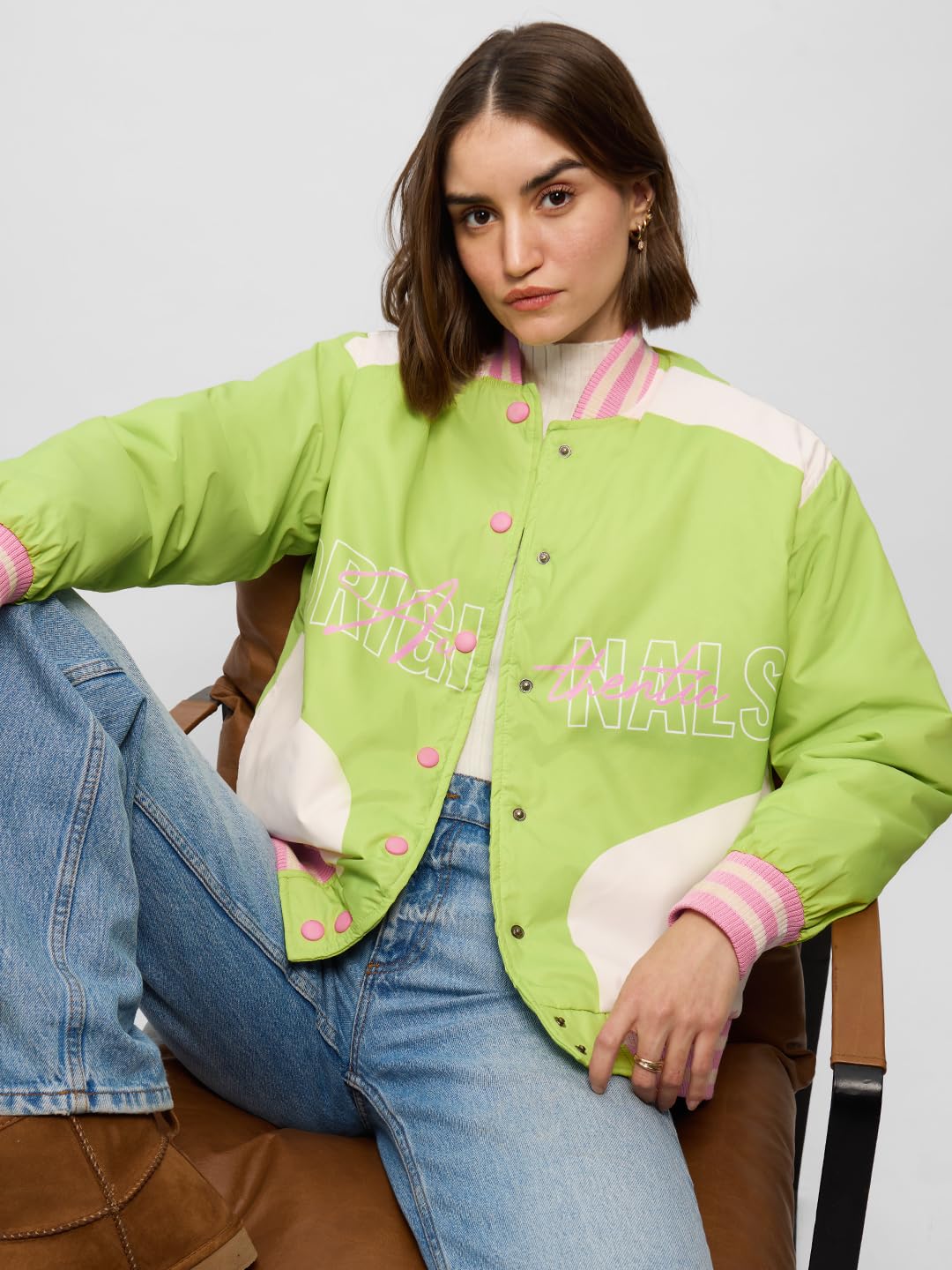 The Souled Store Official Varsity Jacket : Celery Lime Women and Girls Long Sleeve Button Front Multicolor Graphic Printed Oversized Fit Varsity Jackets