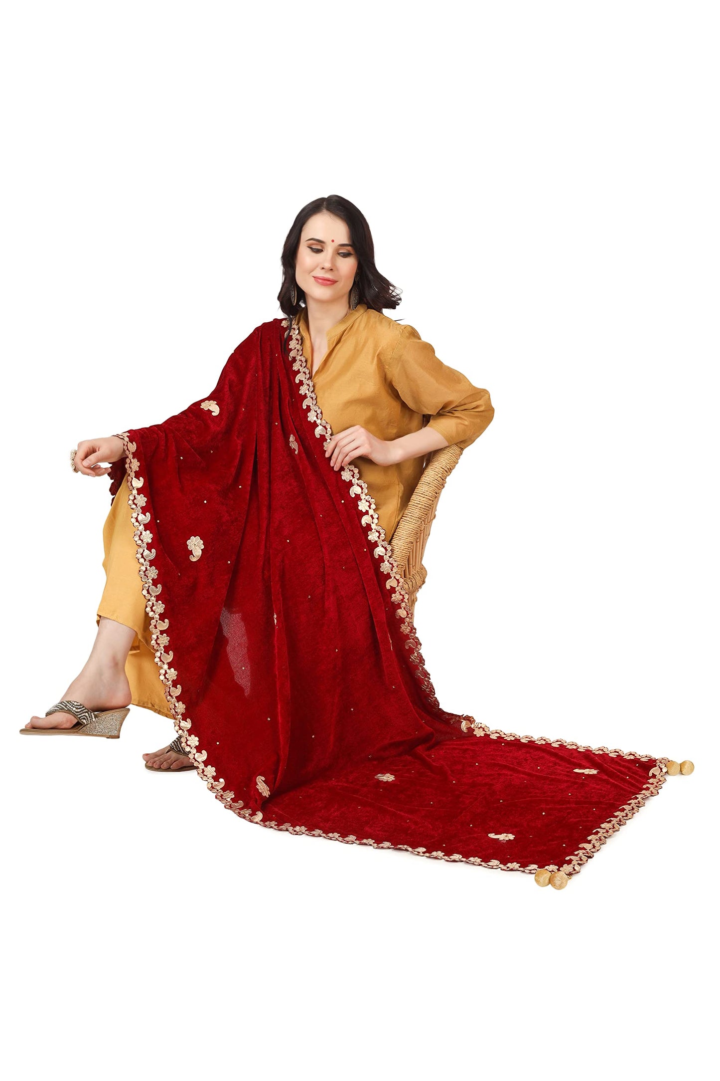 A R Silk Women's Maroon Velvet Stone Work & Four Side Gotta Patti Work With Gotta Patti Lace Fancy Dupatta(ARS0746)