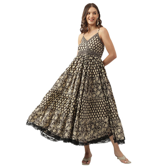 Divena Floral Printed Cotton Empire Ethnic Dress Black